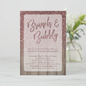 Dunkle Rose Gold Glitzer Stall Holz Brunch & Bubbl Einladung (Stehend Vorderseite)