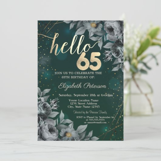 Dunkle Rose Grün 65. Geburtstag Einladung (Stehend Vorderseite)