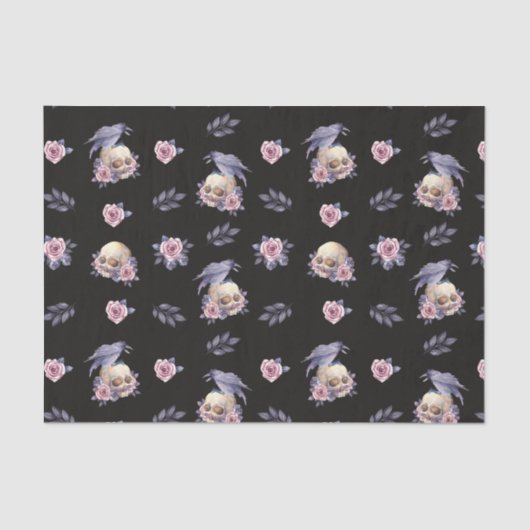 Dunkle Rose Raven Skulls Halloween Tissue Paper Seidenpapier (Vorderseite)