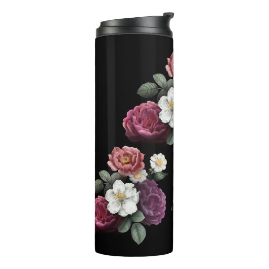 Dunkle Rose Schwarzer Hintergrundname Monogramm Thermosbecher (Nach links gedreht)