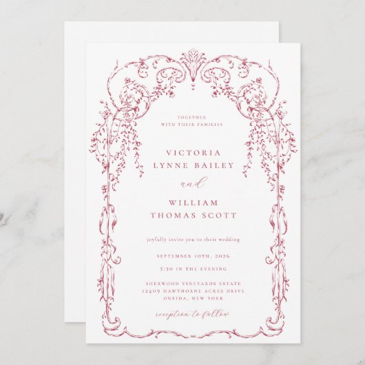 Dunkle Rose Viktorianischer Rahmen Hochzeit Einladung (Vorne/Hinten)