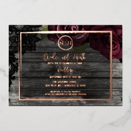 Dunkle Rote Rosen Holz und Spitzen Rustikale Hochz Folieneinladung
