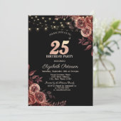 Dunkle Rote Rosen, String Lights Black 25. Geburts Einladung (Stehend Vorderseite)