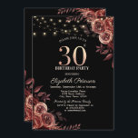 Dunkle Rote Rosen, String Lights Black 30. Geburts Einladung<br><div class="desc">Moderne,  schicke und glamouröse Einladung mit eleganten Saitenlichtern und Blume.</div>