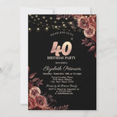 Dunkle Rote Rosen, String Lights Black 40. Geburts Einladung (Vorderseite)