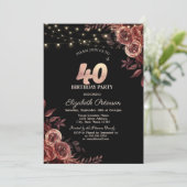Dunkle Rote Rosen, String Lights Black 40. Geburts Einladung (Stehend Vorderseite)