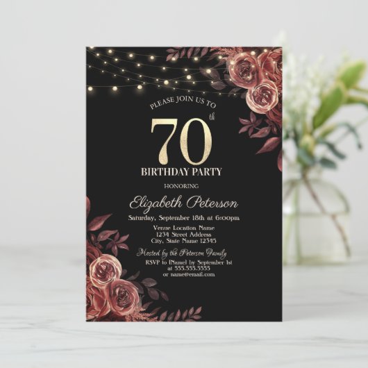 Dunkle Rote Rosen, String Lights Black 70. Geburts Einladung (Stehend Vorderseite)