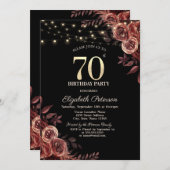 Dunkle Rote Rosen, String Lights Black 70. Geburts Einladung (Vorne/Hinten)