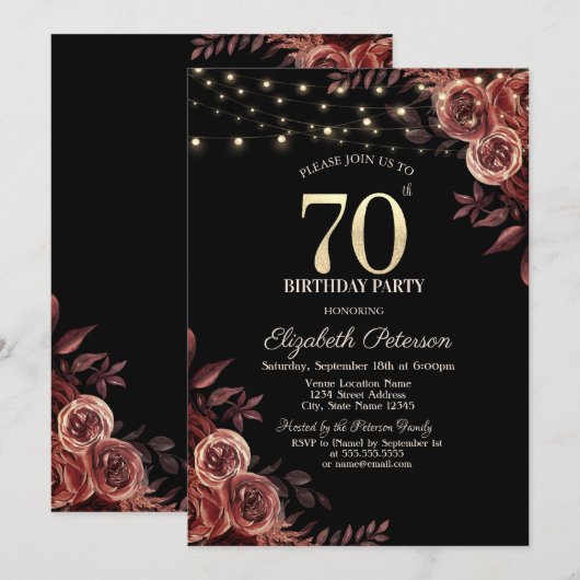 Dunkle Rote Rosen, String Lights Black 70. Geburts Einladung (Vorne/Hinten)