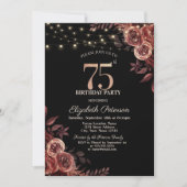 Dunkle Rote Rosen, String Lights Black 75. Geburts Einladung (Vorderseite)