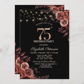 Dunkle Rote Rosen, String Lights Black 75. Geburts Einladung (Vorne/Hinten)