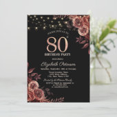 Dunkle Rote Rosen, String Lights Black 80. Geburts Einladung (Stehend Vorderseite)