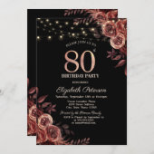 Dunkle Rote Rosen, String Lights Black 80. Geburts Einladung (Vorne/Hinten)