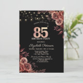 Dunkle Rote Rosen, String Lights Black 85. Geburts Einladung (Stehend Vorderseite)