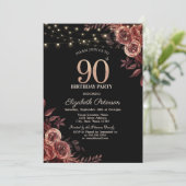 Dunkle Rote Rosen, String Lights Black 90. Geburts Einladung (Stehend Vorderseite)
