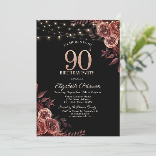 Dunkle Rote Rosen, String Lights Black 90. Geburts Einladung (Stehend Vorderseite)