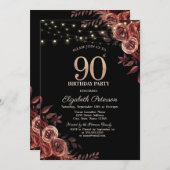 Dunkle Rote Rosen, String Lights Black 90. Geburts Einladung (Vorne/Hinten)