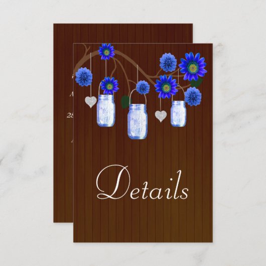Dunkle Rustikal Blue Floral Mason Jars Hochzeitdet Begleitkarte (Vorne/Hinten)