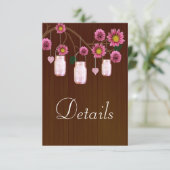 Dunkle rustikal rosa Blumenmason Jars Hochzeitdeta Begleitkarte (Stehend Vorderseite)