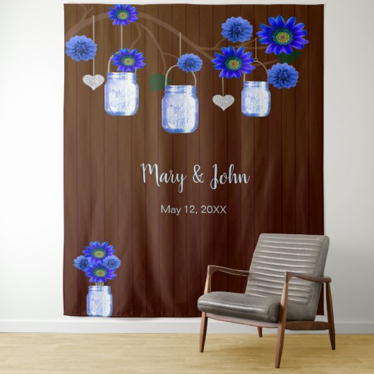 Dunkle Rustikale blaue Blumenmason Jars Foto Hinte Wandteppich (Beispiel)