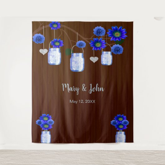 Dunkle Rustikale blaue Blumenmason Jars Foto Hinte Wandteppich (Vorderseite)