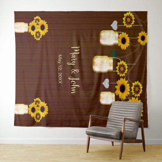 Dunkle rustikale gelbe Blumenmason Jar Foto Hinter Wandteppich (Beispiel (Horizontal))