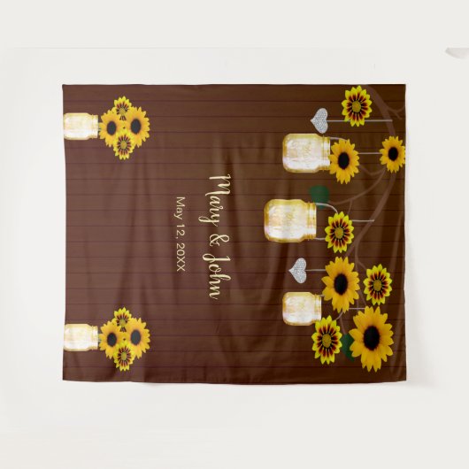 Dunkle rustikale gelbe Blumenmason Jar Foto Hinter Wandteppich (Vorderseite (Horizontal))