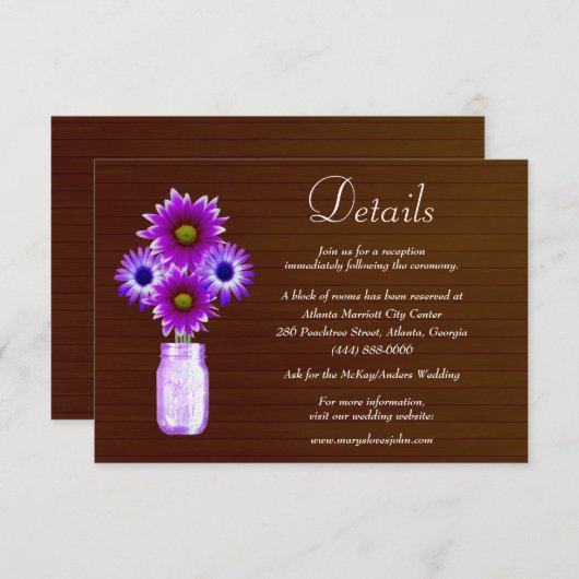 Dunkle Rustikale Lila Blumenmason Jar Hochzeitdeta Begleitkarte (Vorne/Hinten)