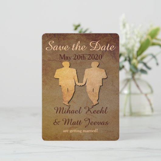 Dunkle Rustikale Save the Date-Kartenschwulenhochz Save The Date (Stehend Vorderseite)