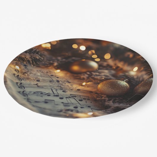 Dunkle Rustikale Weihnachtsmusiknoten Pappteller (Schrägansicht)