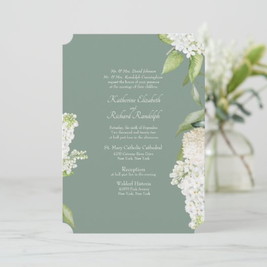 Dunkle Sage White Hydrangea beide Eltern Hochzeit Einladung (Stehend Vorderseite)