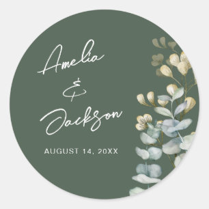 Dunkle Salbeigrüne Botanische Aquarell-Hochzeit Runder Aufkleber