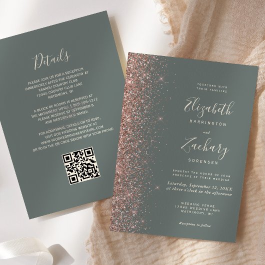 Dunkle Salbeigrüne Roségold Glitter QR Code Hochze Einladung