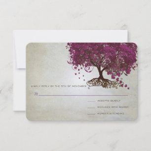 Dunkle Sangria Herzblatt Baum Hochzeit RSVP Karte
