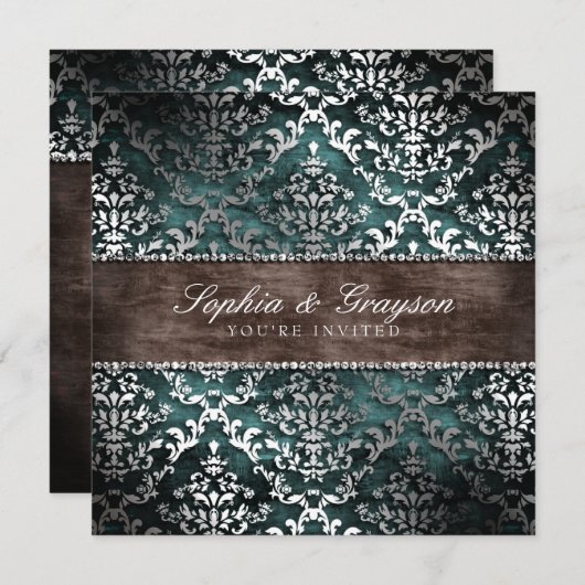 Dunkle Schokolade Aquamarin Glimmer Damast Einladu Einladung (Vorne/Hinten)