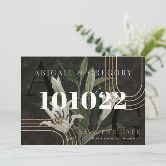 Dunkle schwarze Moody Grüne Botanische Hochzeit Save The Date (Stehend Vorderseite)