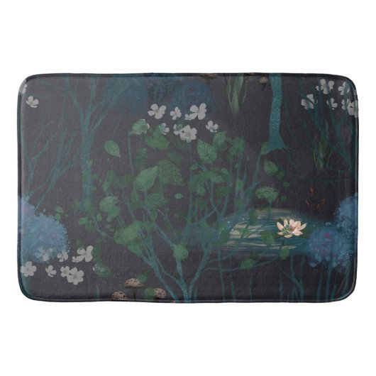 Dunkle schwarze Moody Lily Pond Floral Badematte (Vorderseite)