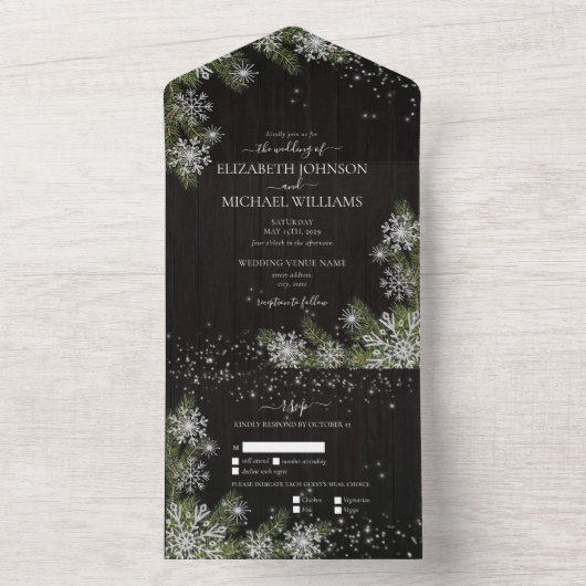 Dunkle schwarze Moody Rustikale Silver Winter Grün All In One Einladung (Innen Boden)