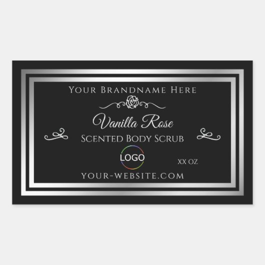 Dunkle schwarze Produktkennzeichnung Silver Frame Rechteckiger Aufkleber (Vorderseite)