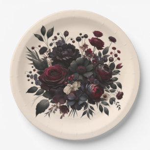 Dunkle Schwermütige Blumen Elegante Florale Creme Pappteller