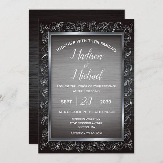 Dunkle Silber Grunge Metal Wedding Einladung (Vorne/Hinten)