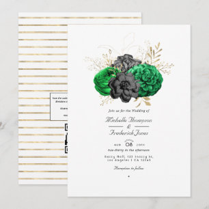 Dunkle Smaragd- und Gold-Blumen-QR-Code-RSVP-Hochz Einladung