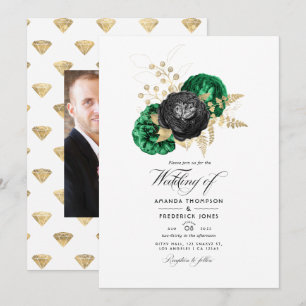 Dunkle Smaragd- und Gold-Blumenhochzeit Einladung