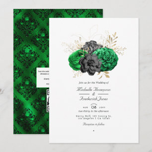 Dunkle Smaragd- und Gold-Blumenhochzeit mit QR-Cod Einladung
