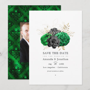 Dunkle Smaragd- und Gold-Blumenhochzeit Save The Date