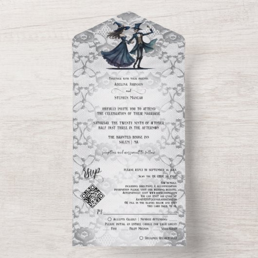 Dunkle Spitzen Monogram Skeleton Gothic QR Code We All In One Einladung (Innen Boden)