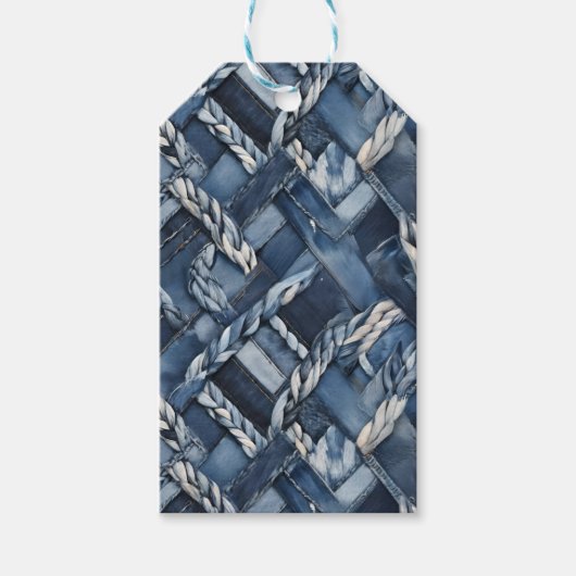 Dunkle strapazierte Denim-Patchwork- und Zopf-Opti Geschenkanhänger (Vorderseite)