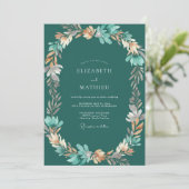 Dunkle Teal-Blatt-Hochzeit Einladung (Stehend Vorderseite)
