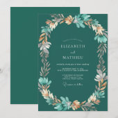 Dunkle Teal-Blatt-Hochzeit Einladung (Vorne/Hinten)
