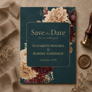 Dunkle Teal-Blumen-Gothic-Save-the-Date-Karte Einladung